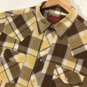 Vintage Rustler Western Plaid‎ Short Sleeve Shirt Brown Yellow Cowboy Rodeo